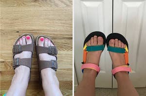 on left: reviewer wearing brown buckle sandals; on right: reviewer wearing rainbow Teva sandals