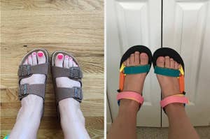 on left: reviewer wearing brown buckle sandals; on right: reviewer wearing rainbow Teva sandals