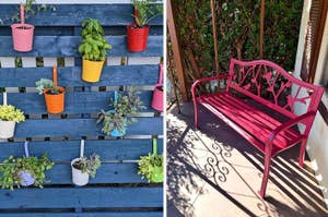 Potted plants on a blue pallet wall; a red metal bench with intricate backrest design, perfect for garden settings