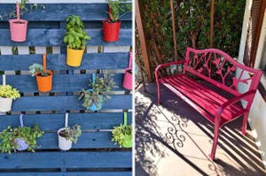 Potted plants on a blue pallet wall; a red metal bench with intricate backrest design, perfect for garden settings