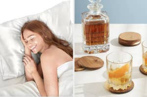 Woman smiling on bed; whiskey decanter and glass with coaster set