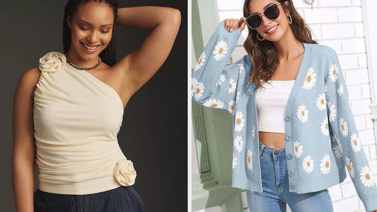 Two women showcasing trendy tops; one with a shoulder embellishment, the other a floral cardigan