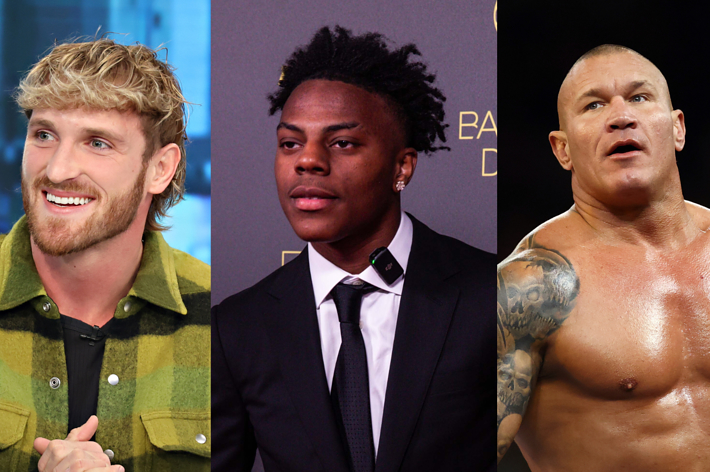 Logan Paul in a plaid shirt, NFL player JuJu Smith-Schuster in a suit, wrestler Randy Orton shirtless in a ring