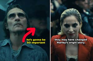 Joaquin Phoenix as Joker and Lady Gaga as Harley Quinn with overlaying text speculating on plot