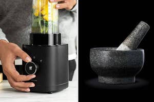 Person using a black electric juicer; next to a granite mortar and pestle set