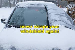Vehicle half covered with a windshield snow protector and half clear "never scrape your windshield again!"