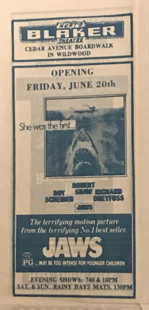 Vintage movie poster for the opening of &quot;Jaws&quot; at Bluewater Boardwalk with screening details