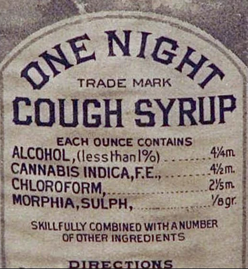 Vintage cough syrup label listing alcohol, cannabis, chloroform, and morphine as ingredients