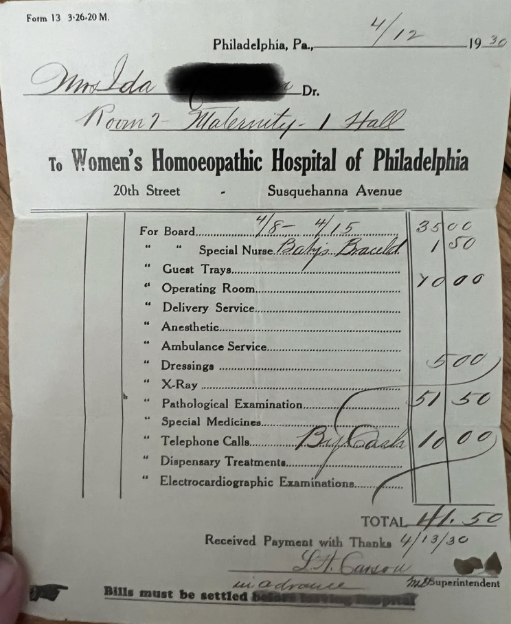 Old hospital bill from 1930, with handwritten services and costs, totaling $443.50