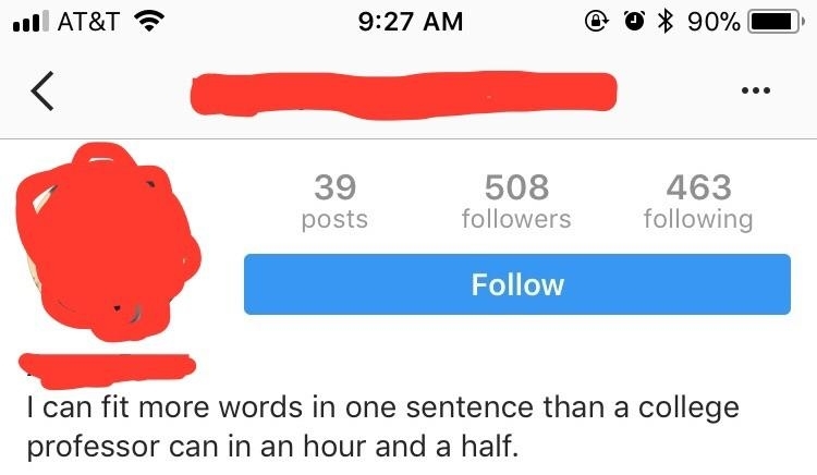 Profile screenshot with a boastful caption about fitting more words in a sentence than a professor in a class