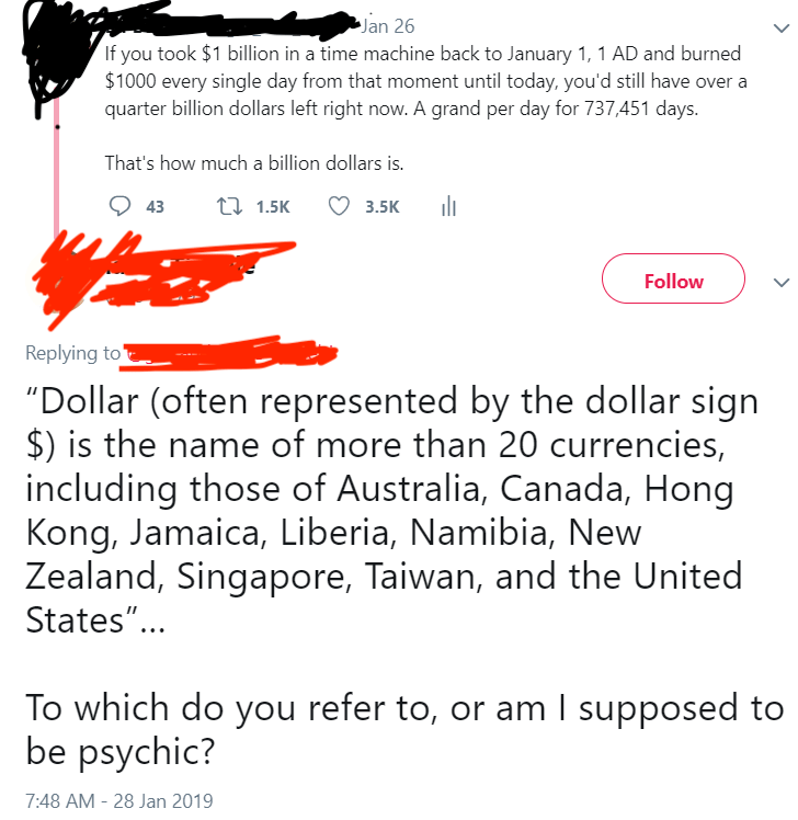 Meme featuring a tweet about how a dollar a day since 1 AD sums to over a billion, with a humorous response about the dollar&#x27;s history