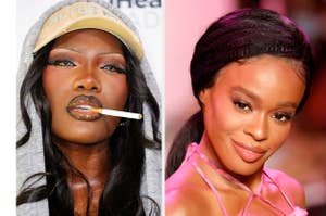Naomi Campbell in a casual hat and glossy lips, Azealia Banks in a pink satin outfit on the right