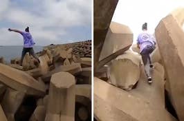 Person leaping between concrete blocks by the sea; a risky maneuver caught on video