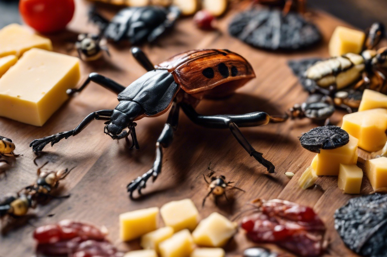 A bunch of bugs running around a charcuterie board with a large beetle in the middle.