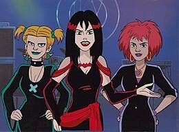 Three animated characters from Scooby-Doo: The Hex Girls, standing confidently together wearing gothic outfits.
