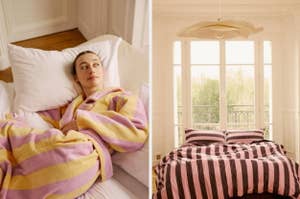 Person lounging in a striped robe, matching cozy bedroom decor and bedding