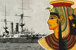 Illustration of an Egyptian pharaoh profile juxtaposed with a vintage warship