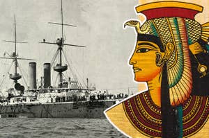 Illustration of an Egyptian pharaoh profile juxtaposed with a vintage warship