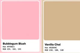 Two color swatches labeled Bubblegum Blush and Vanilla Chai with corresponding hex and RGB codes