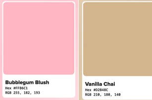 Two color swatches labeled Bubblegum Blush and Vanilla Chai with corresponding hex and RGB codes