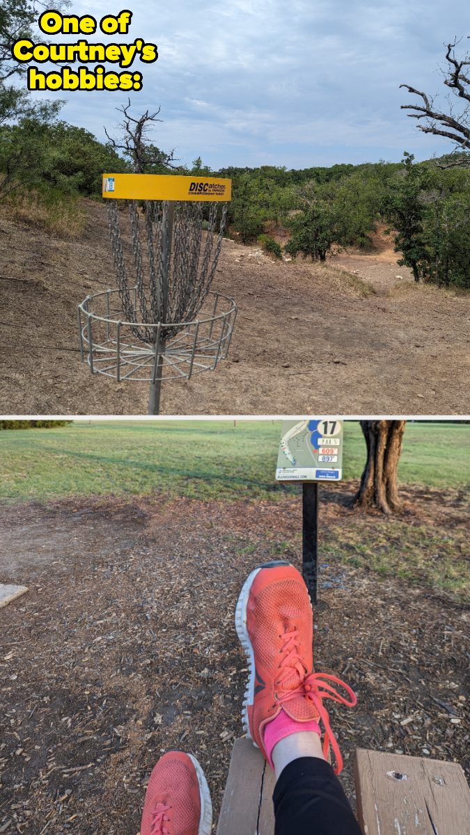 A disc golf basket in a park and a person&#x27;s leg with a pink shoe resting on a bench, indicating the hobby of disc golf