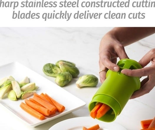 Hand using a green cylindrical kitchen gadget to chop carrots onto a plate