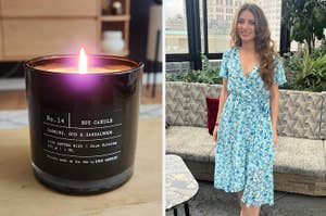 A lit soy candle on the left; a person in a knee-length floral dress on the right, suitable for a shopping guide