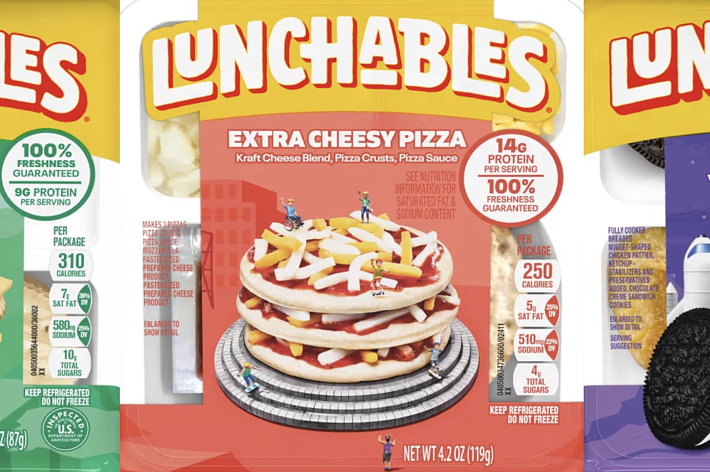 Three varieties of Lunchables packaging for bologna, pizza, and chicken snacks with cookies