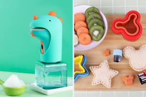 Hand soap dispenser shaped like a dinosaur next to dinosaur-shaped sandwich cutters and fruit slices