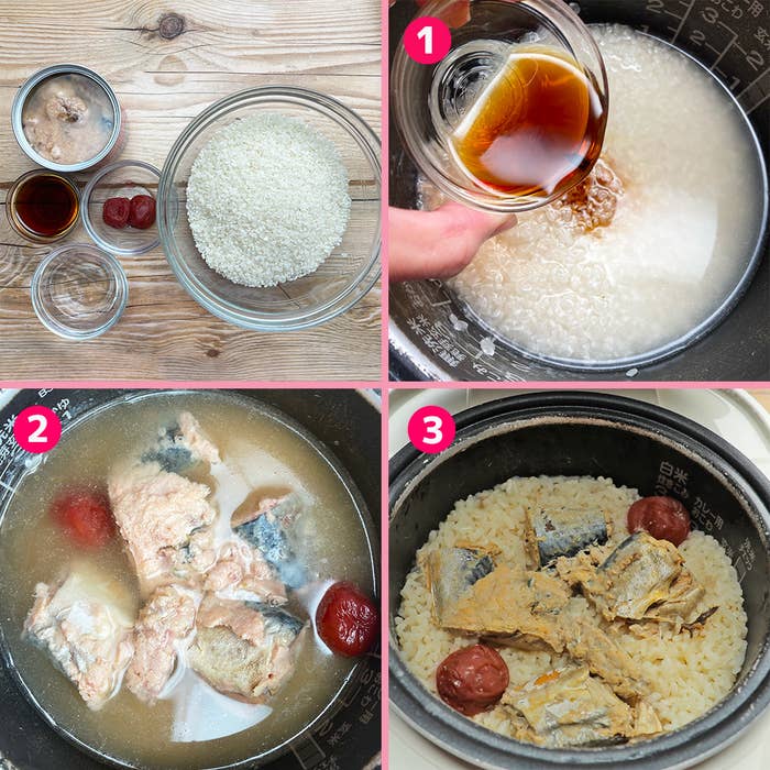 お米とサバ缶、料理の手順を示す4枚の画像。