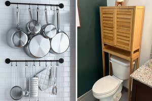 A wall-mounted pot rack with pans and a bathroom cabinet over a toilet for space efficiency