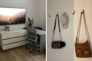 Two images: Left shows a home office with a desk and chair, right displays wall-mounted hooks holding bags