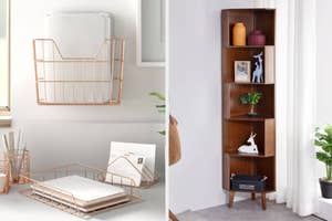 Wire storage baskets and a tall wooden shelf displaying decorative items for home organization inspiration