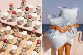 Assorted lipsticks on a display next to a person clutching a pillow, both images promoting beauty products