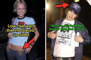 Early 2000s fashion with stars in low-rise, lace-up jeans and "Jesus is my Homeboy" attire