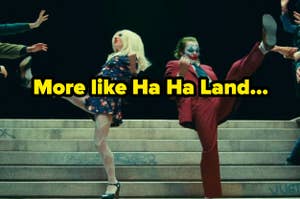 Person in a Joker costume dancing with another in a blue floral dress on stairs, with text "More like Ha Ha Land..."