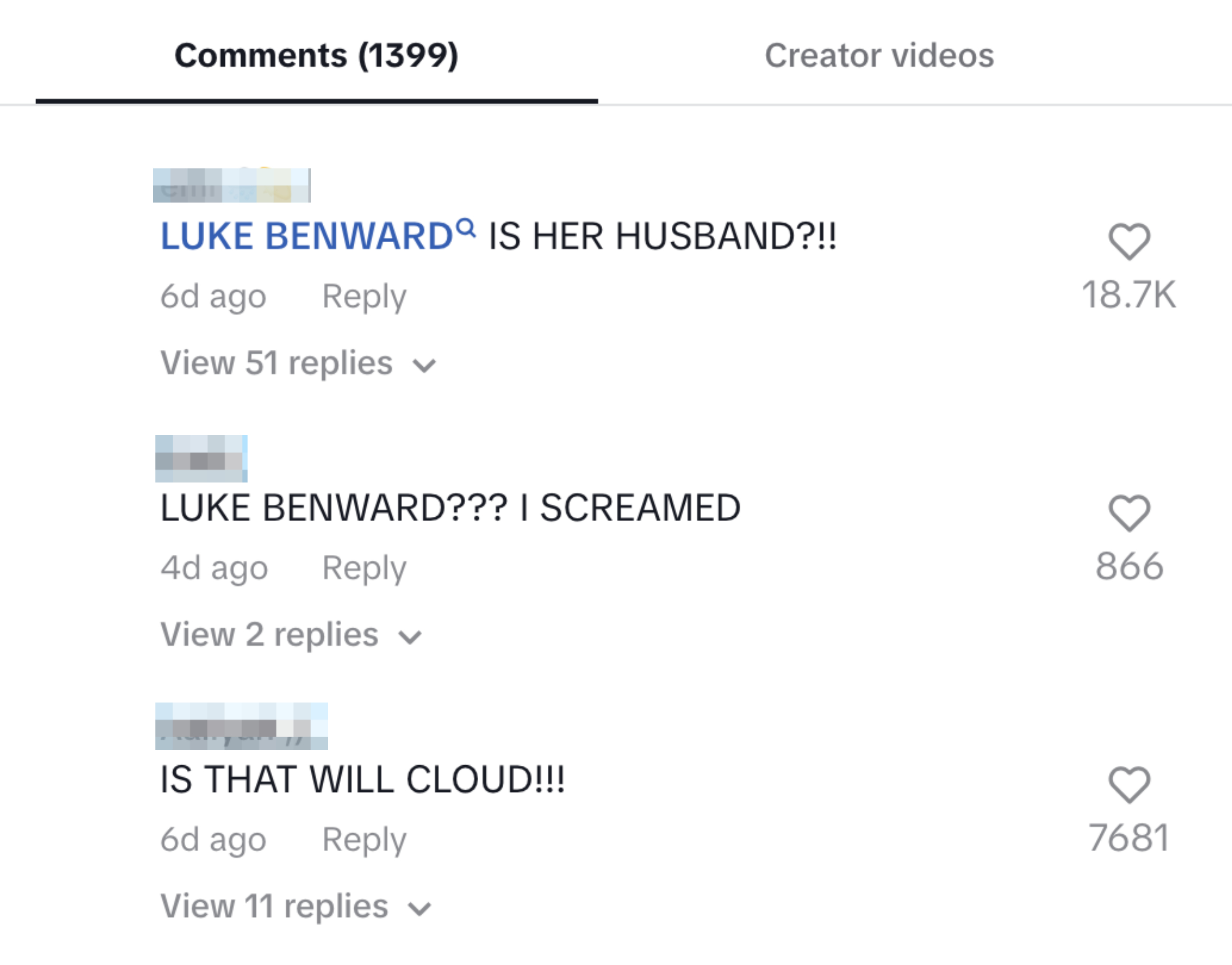 The image shows a screenshot of social media comments expressing surprise about Luke Benward, with highlighted engagement