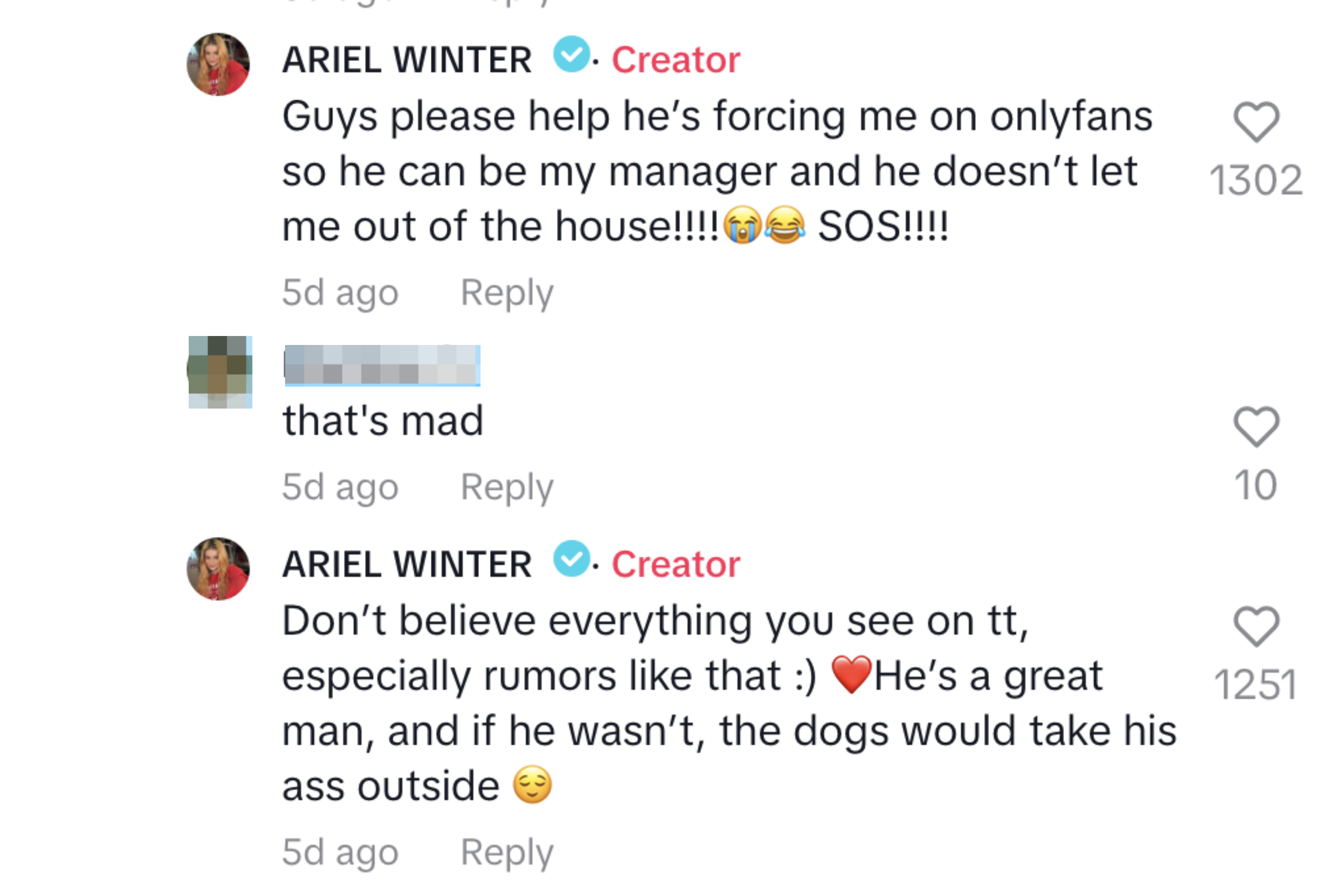 Screenshot of Ariel&#x27;s comments on TikTok