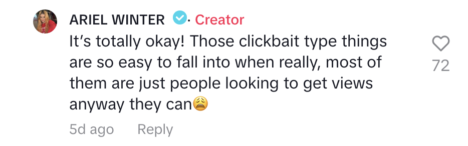 Ariel Winter comments on a post, discussing clickbait and how it seeks to get views