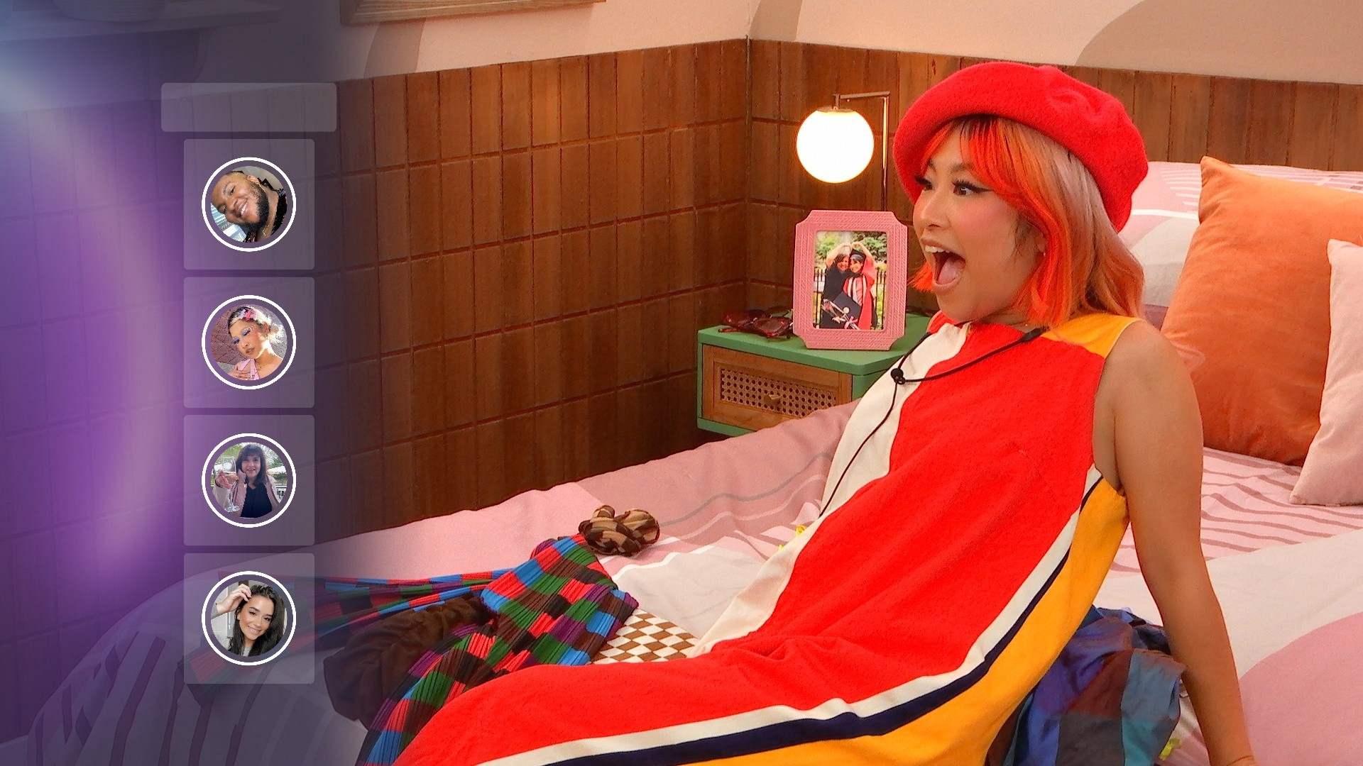 Person in bed dressed as character Judy Funnie from the cartoon &#x27;Doug&#x27;, looking surprised. Icons of other characters to the left