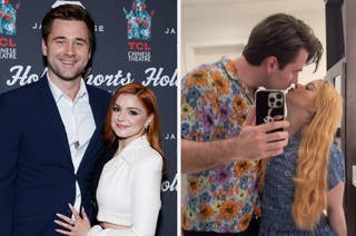Two side-by-side photos, one of two celebrities posing at an event, and the other of them sharing a kiss in a selfie