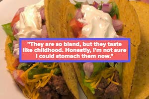 Three tacos with beef, cheese, lettuce, and tomatoes topped with sour cream, with a quote about their nostalgic taste