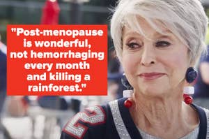 Woman smiling, with a quoted text on positivity about post-menopause on the side