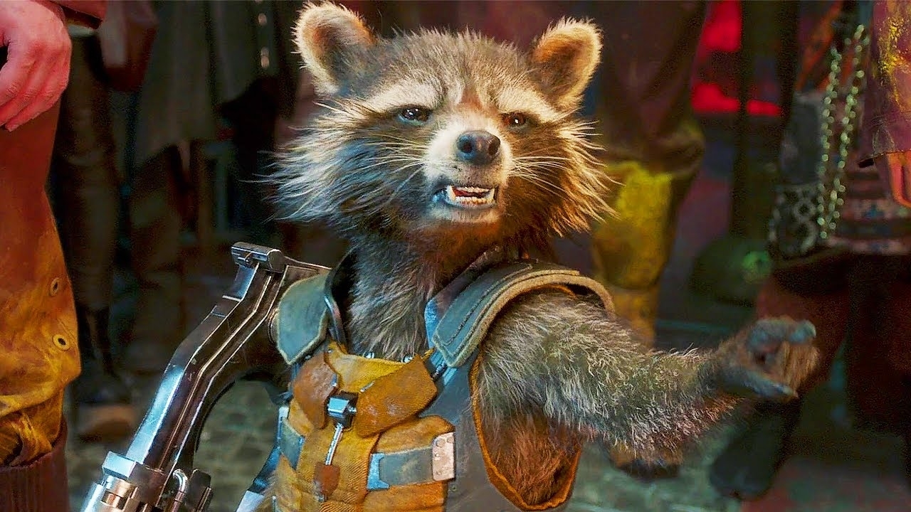 Rocket Raccoon from Guardians of the Galaxy, wearing a space suit and holding a gun