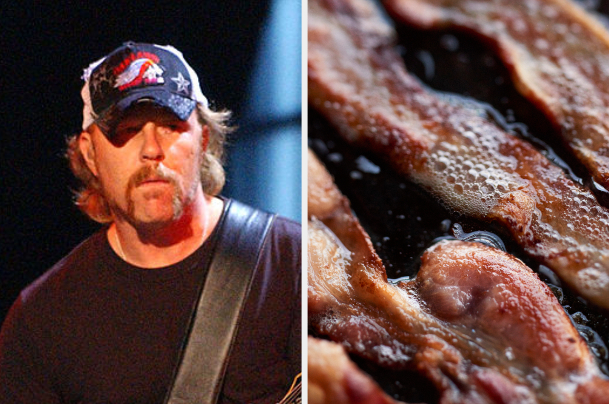 Person wearing a baseball cap and close-up of sizzling bacon