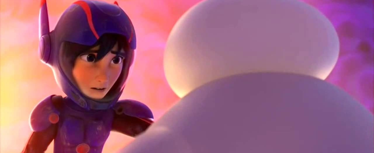 Hiro and Baymax from "Big Hero 6" are looking at each other, with Hiro in his superhero suit