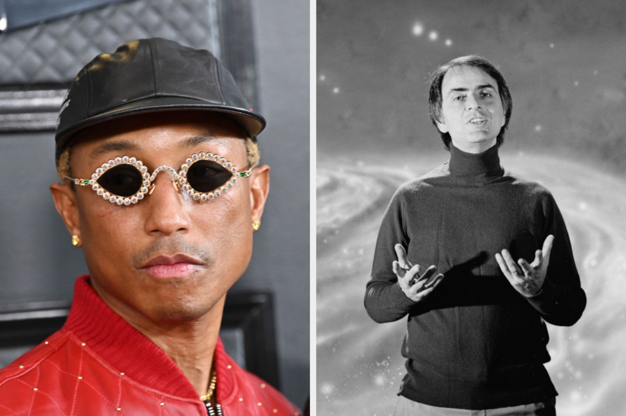 Pharrell Williams in a black cap and sunglasses next to Carl Sagan gesturing with space backdrop