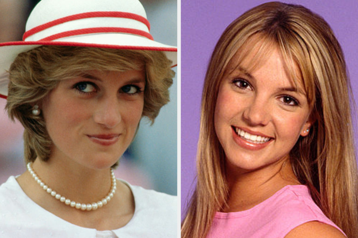 Princess Diana wearing a hat with wide brim; Britney Spears smiling with hoop earrings