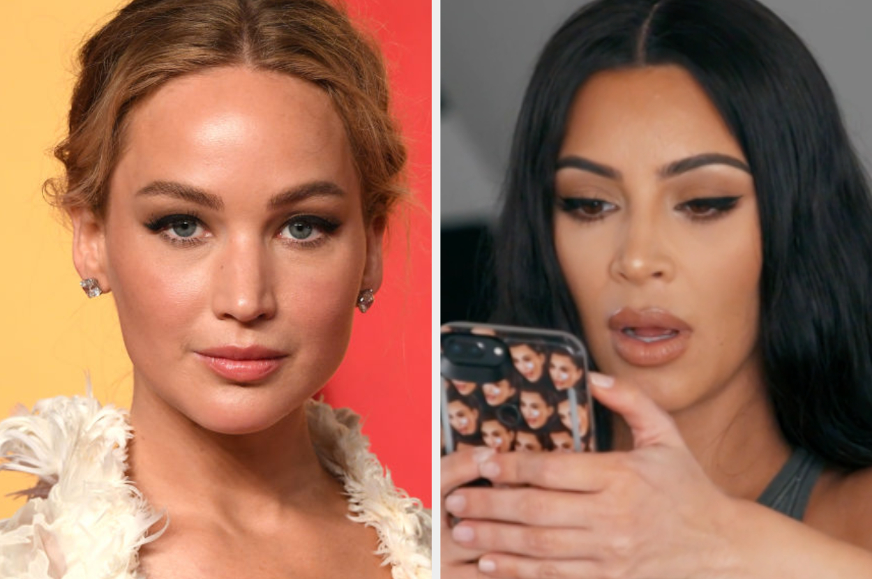 Two side-by-side photos: On the left, Jennifer Lawrence in a ruffled dress; on the right, Kim Kardashian looking at a phone