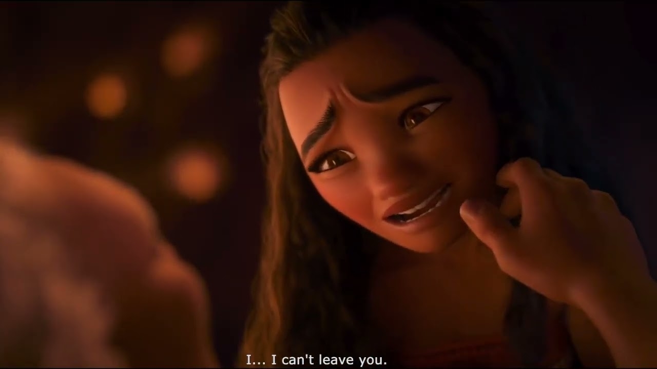 Moana expresses concern in a still from the animated film